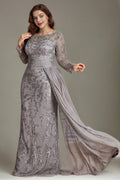 Curveins Plus Size Round Neck Embroidered Tie-Sash Bodycon Maxi Dress