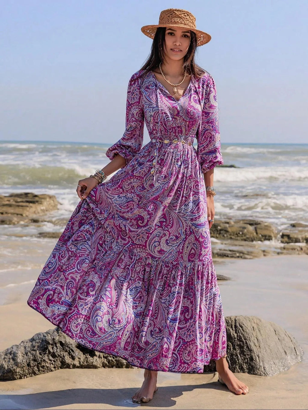 Women's Boho Floral Print Lantern Sleeve Dress, Fitted Waist Tie Design, Loose Fit Comfortable Casual Long Sleeve Dress for Fall Winter