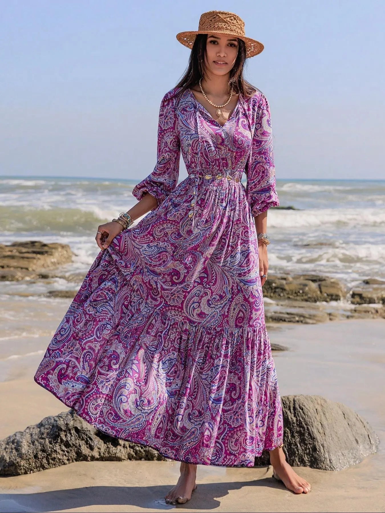 Women's Boho Floral Print Lantern Sleeve Dress, Fitted Waist Tie Design, Loose Fit Comfortable Casual Long Sleeve Dress for Fall Winter
