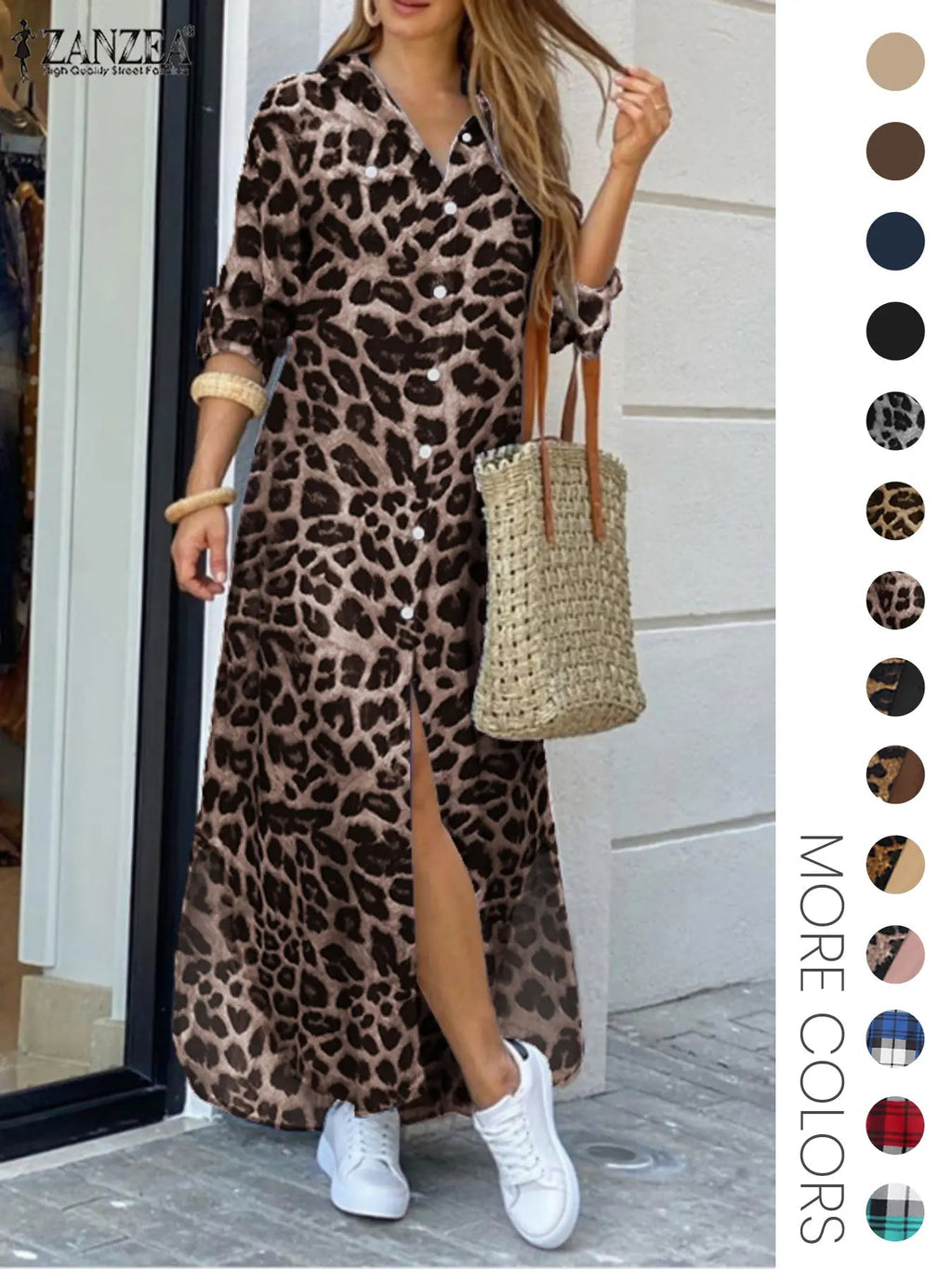 Women's Leopard Print Button Front Flap Pocket Shirt Fabric Dress, Casual Curved Hem Long Sleeve Collared Long Dress for Daily Wear, Ladies' Clothes for All Seasons, Womenswear