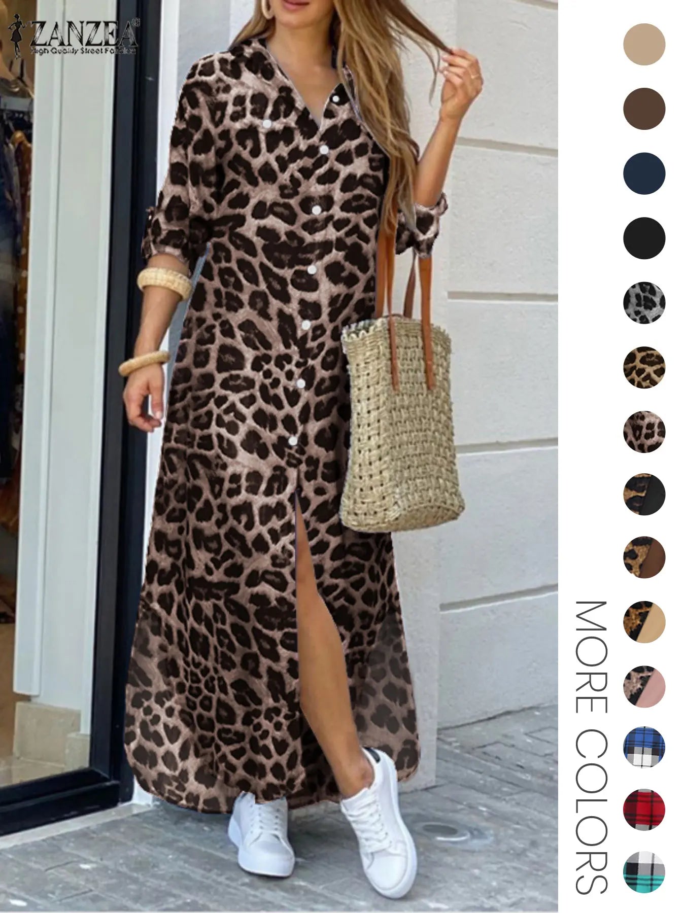 Women's Leopard Print Button Front Flap Pocket Shirt Fabric Dress, Casual Curved Hem Long Sleeve Collared Long Dress for Daily Wear, Ladies' Clothes for All Seasons, Womenswear