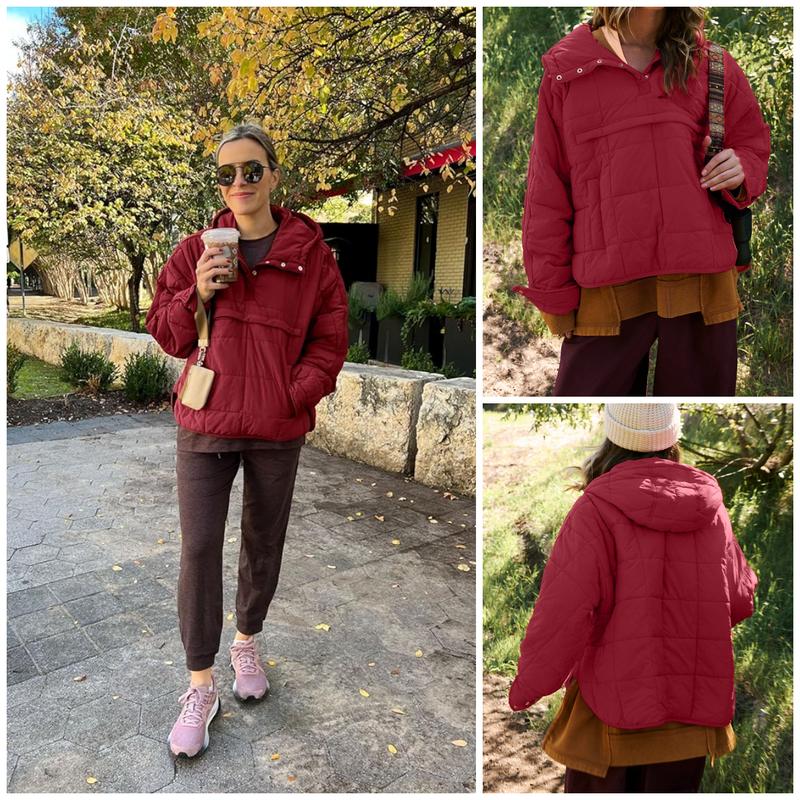 Women's Oversized Puffer Jacket Quilted Dolman Hoodies Pullover Long Sleeve Lightweight Warm Tops with Big Chest Pocket