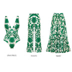 V Neck Green Printed Knotted at Waist Tummy Control One piece Swimsuit and Skirts or Pants
