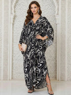 Women's Leopard Print Batwing Sleeve Split Hem Kaftan Dress, Casual Modest Style V-Neck 3/4 Sleeve Long Dress for Fall & Winter, Women's Islamic Clothing for Daily Wear