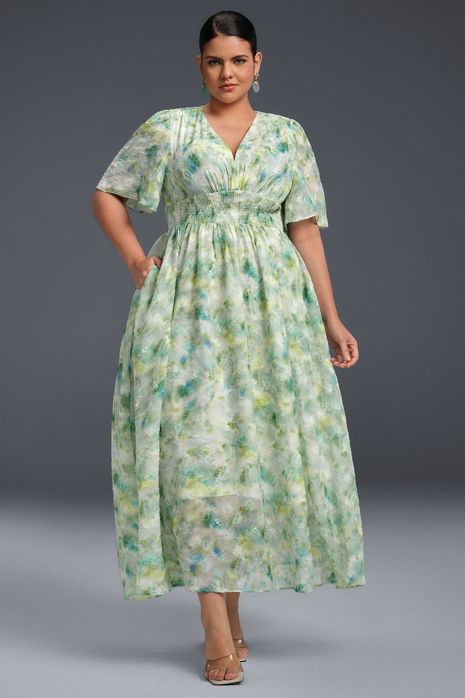 Curveins Plus Size V-Neck Floral Print Maxi Dress
