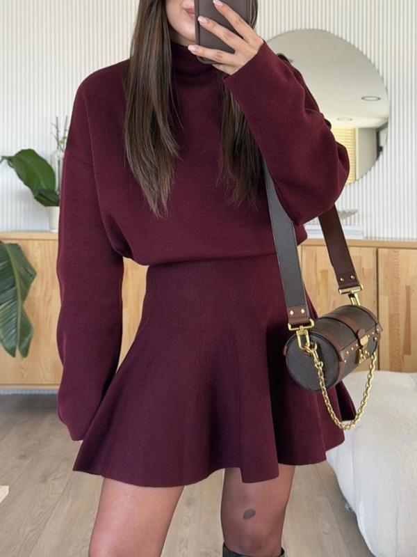 Women's Casual Half-High Neck Long Sleeve Knit Dress, Plain Color Loose-Fitting Sweater Dress, Fall & Winter Fashion