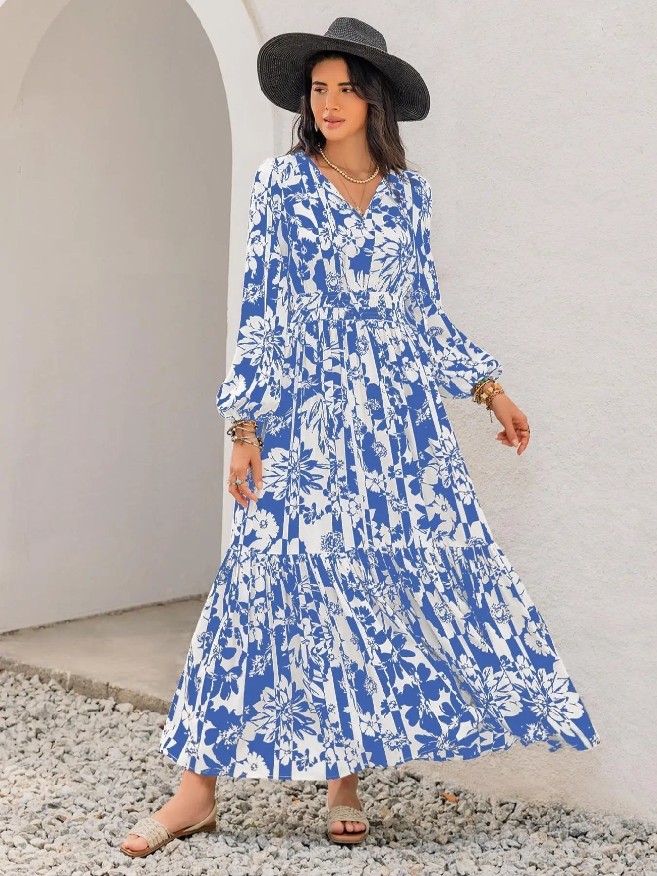 Women's Boho Floral Print Lantern Sleeve Dress, Fitted Waist Tie Design, Loose Fit Comfortable Casual Long Sleeve Dress for Fall Winter
