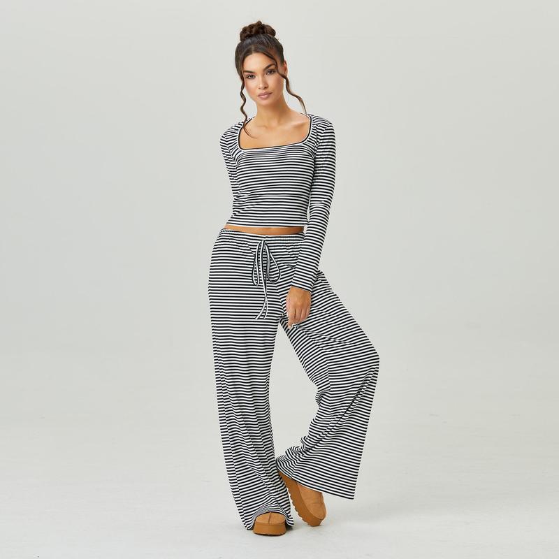 Women's Slouchy Square Neck Stripe Long Sleeve Crop Top & Low-Rise Wide Leg Trousers Co-ord, Minimalist Two Piece Outfits, Cozy Womenswear