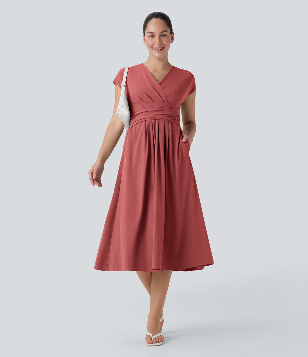 Casual midi dress, V-neck, short sleeves, side pockets, tie-back detail, quick-drying