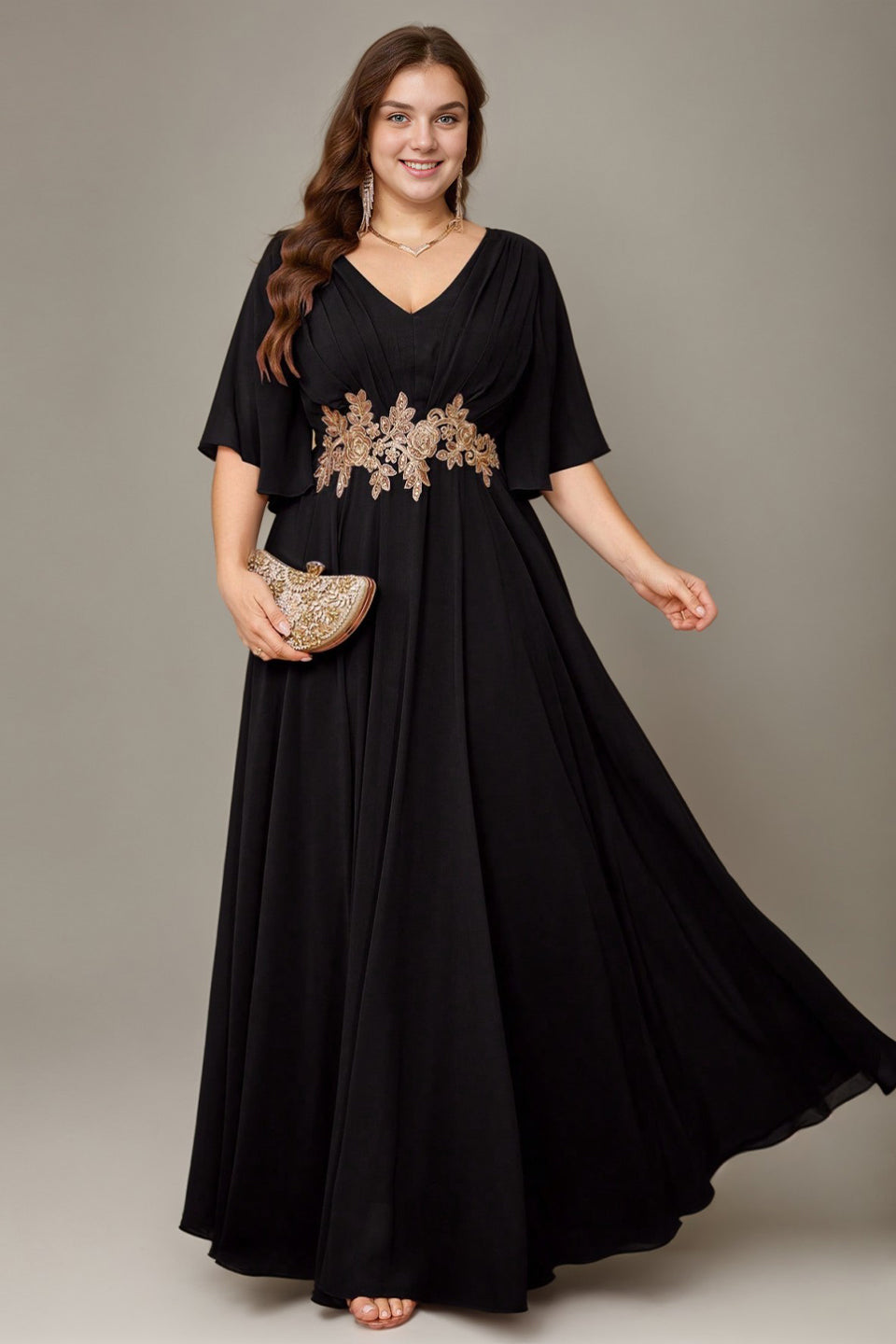 Curveins Plus Size Batwing Sleeve V Neck Gathered Waist Elegant Maxi Dress
