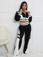 Women's Colorblock Print Zip Up Crop Jacket & Pants Two-piece Set, Casual Fashion Cozy Breathable Two Piece Outfits for Daily Outdoor Wear, Women Clothes for Fall & Winter