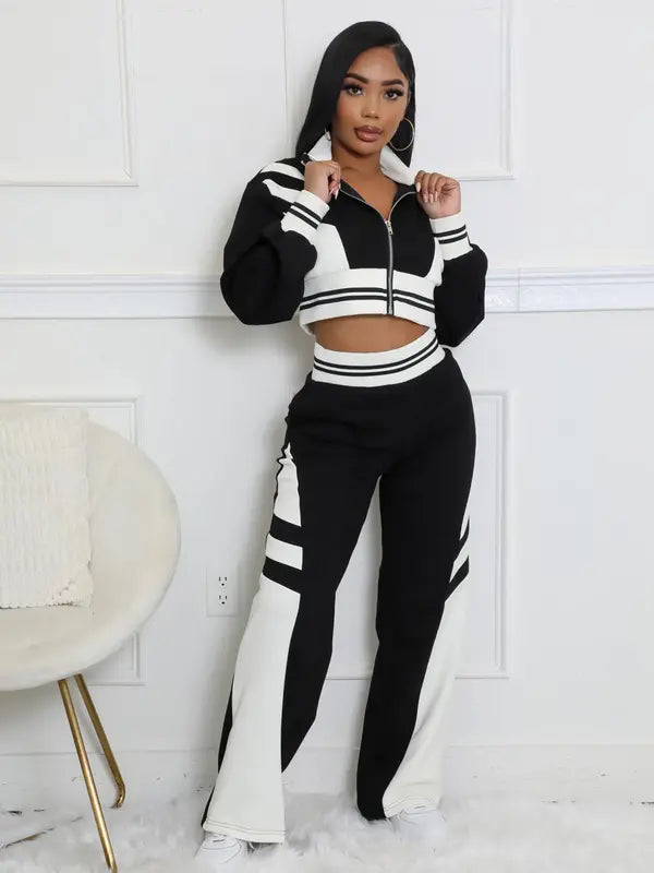 Women's Colorblock Print Zip Up Crop Jacket & Pants Two-piece Set, Casual Fashion Cozy Breathable Two Piece Outfits for Daily Outdoor Wear, Women Clothes for Fall & Winter