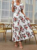 Women's Floral Print Button Front Dress, Boho French Style Short Sleeve Dress for Summer, Women's Clothes for Beach Vacation Holiday