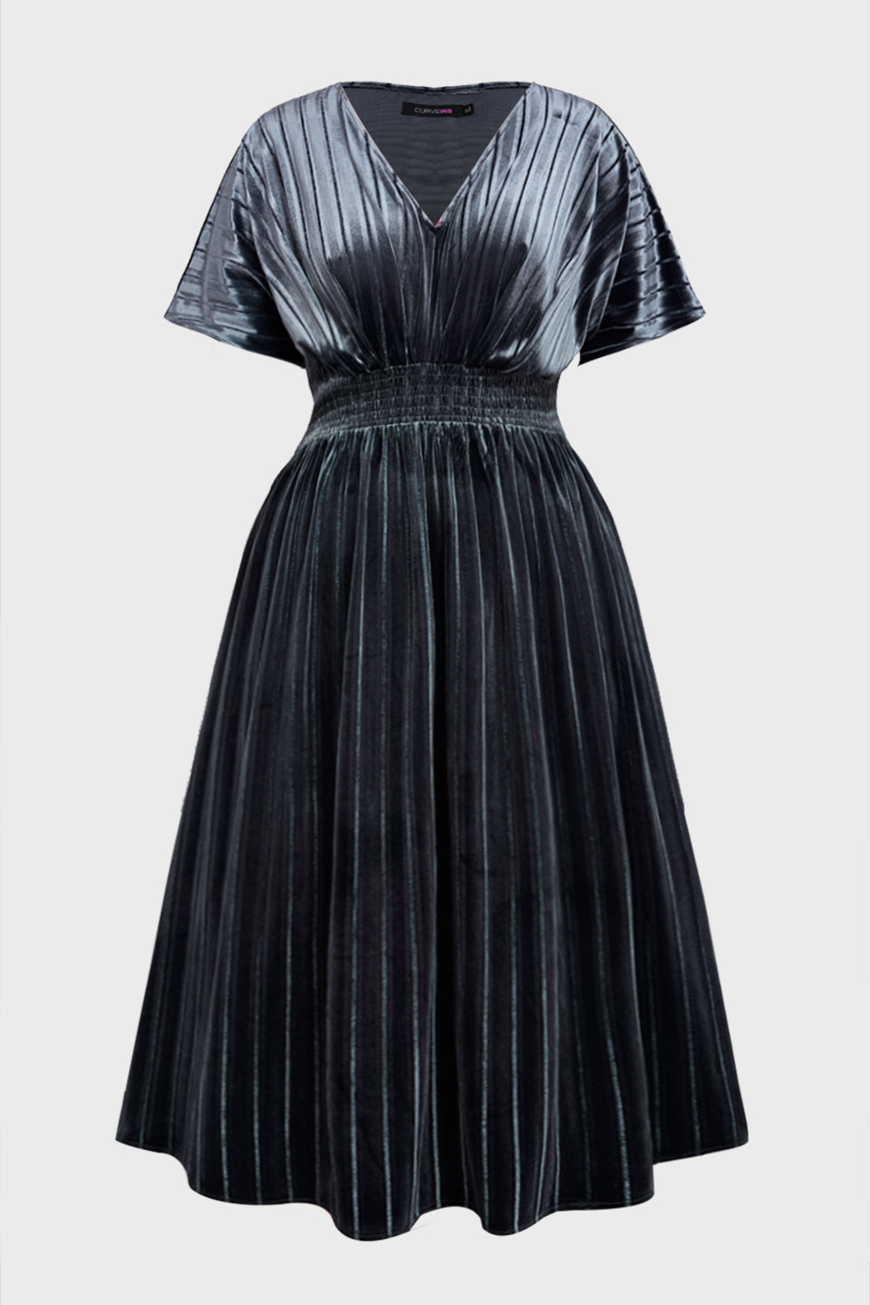 Curveins Plus Size V-Neck Batwing Sleeve Pleated A-Line Velvet Midi Dress