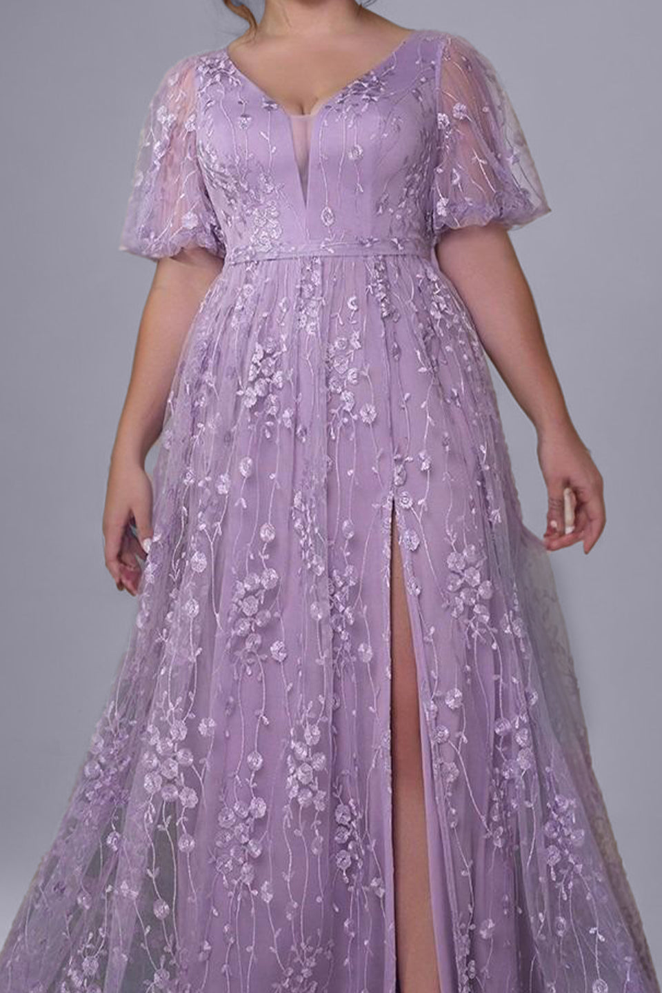 Curveins Plus Size Floral Embroidery V-Neck Puff Sleeve Side-Slit Maxi Dress