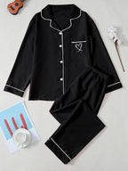 New Solid Color Lapel Long Sleeve Heart Embroidery Pj Sets for Women, Casual Style Sleepwear for Ladies, Comfortable Nightwear, Loungewear
