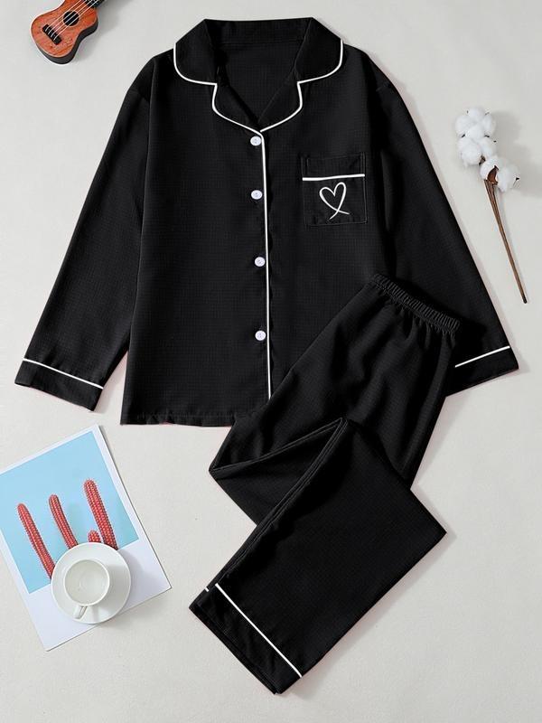 New Solid Color Lapel Long Sleeve Heart Embroidery Pj Sets for Women, Casual Style Sleepwear for Ladies, Comfortable Nightwear, Loungewear