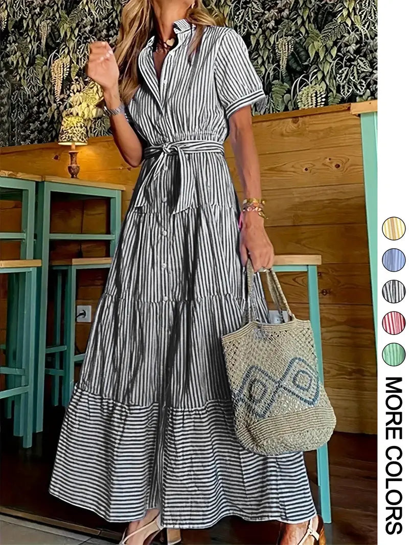 Women's Striped Print Belted   Dress, Elegant Casual  Long Dress for Summer, Women's Clothing for Daily Wear
