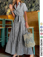 Women's Striped Print Belted   Dress, Elegant Casual  Long Dress for Summer, Women's Clothing for Daily Wear