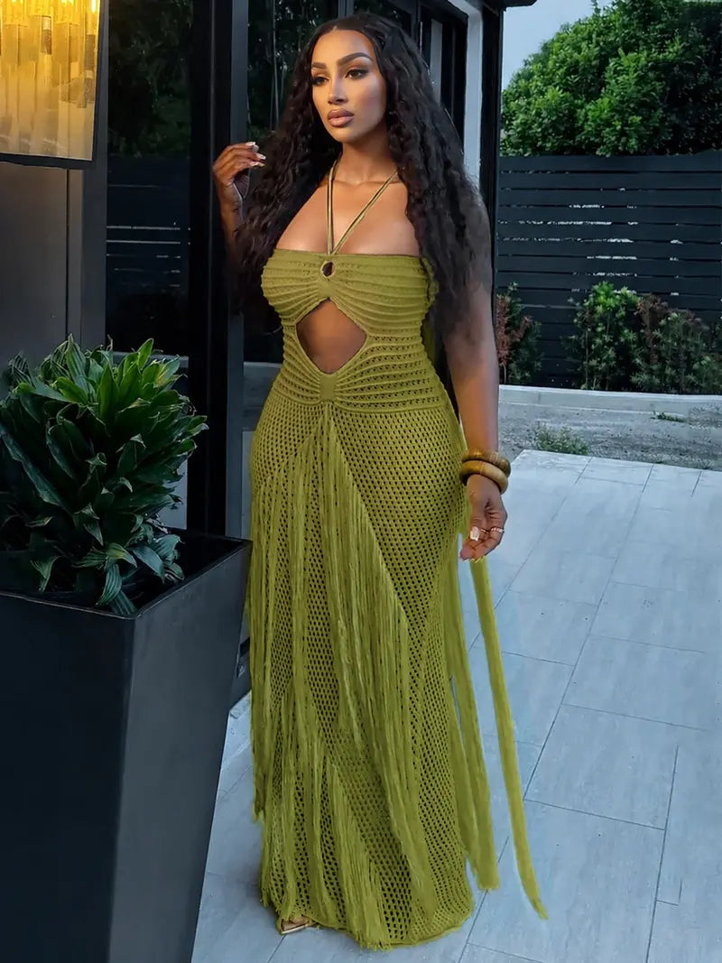 Women's crochet knit maxi dress with fringe, sexy cutout, open back, bohemian style; perfect for beach parties, summer vacations, and resort wear.