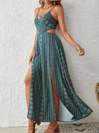 Women's Boho Striped Bodycon Dress, Split Thigh Backless Spaghetti Strap, Perfect for Beach Vacation & Layering