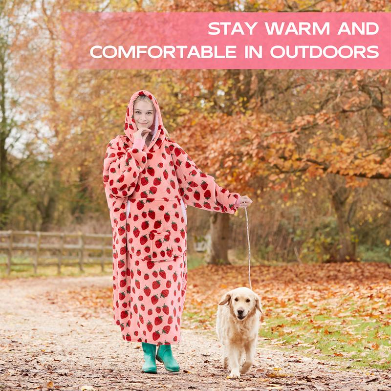 Wearable Blanket Hoodie Oversized Sherpa Fleece Hooded Sweatshirt Blanket with Sleeves,Cozy and Giant Blanket Hoodie Extra Long for Adults Women Winter Gift (Strawberry)