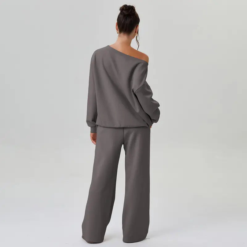 Women's Leisure Solid Color Sloping Shoulder Long Sleeve Top & Wide Leg Trousers Co-ord, Cozy Scoop Neck Loose Two Piece Outfits, Basic Womenswear