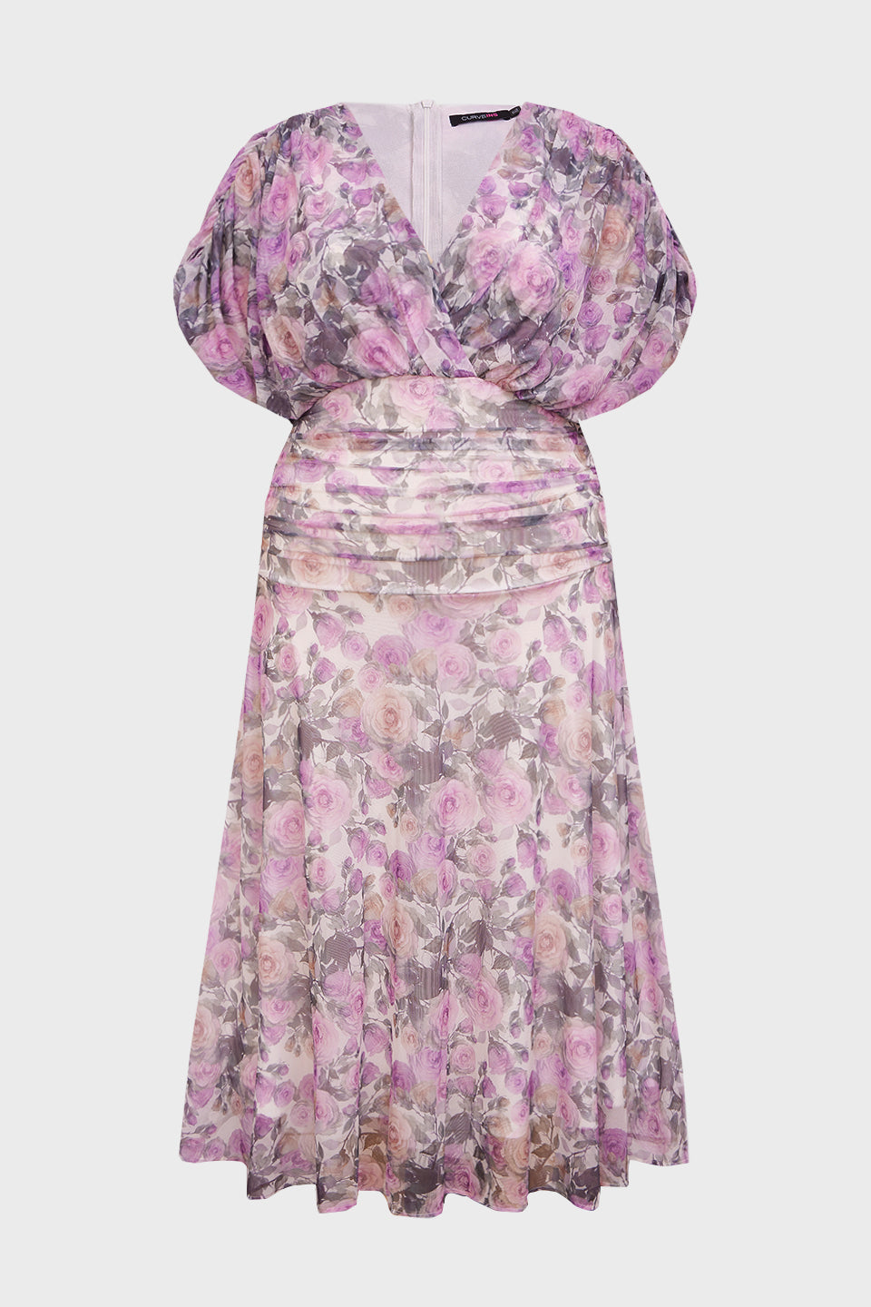 Curveins Plus Size V Neck Puff Sleeve Waist Defining Floral Print Elegant Maxi Dress