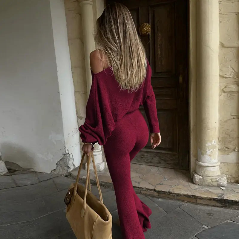 Women's Solid Asymmetrical Neck Top & Flare Leg Pants Set, Casual Drop Shoulder Long Sleeve Top & Trousers, Women's Fall & Winter Clothes for Daily Wear