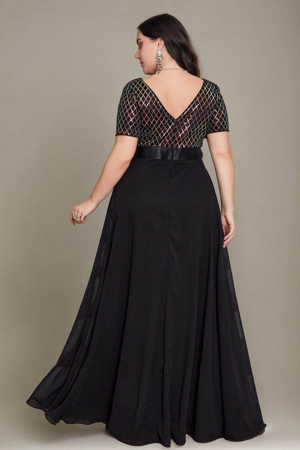 Curveins Plus Size Sequin V-Neck Short Sleeve Maxi Evening Gown