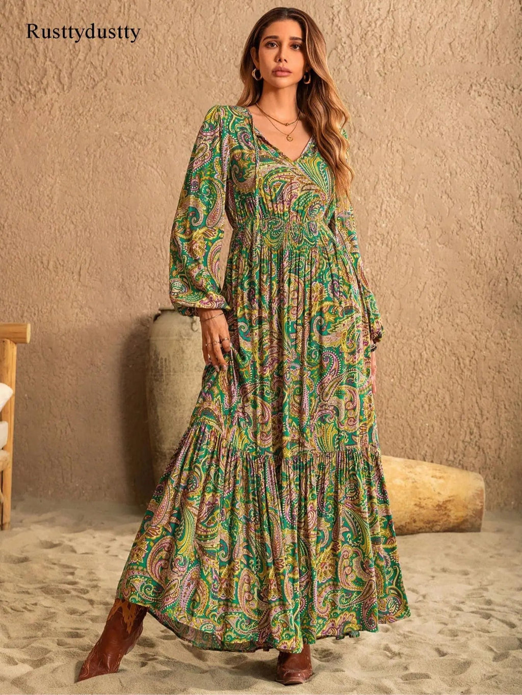 Women's Boho Style Long Sleeve Woven Paisley Print Dress, Fitted Waist Design, Comfortable, Casual & Stylish for All Seasons, Perfect for Beach