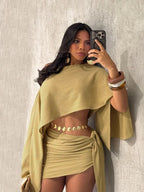 Trendy women's off-the-shoulder top and bodycon skirt set; breathable beachwear for casual vacations.