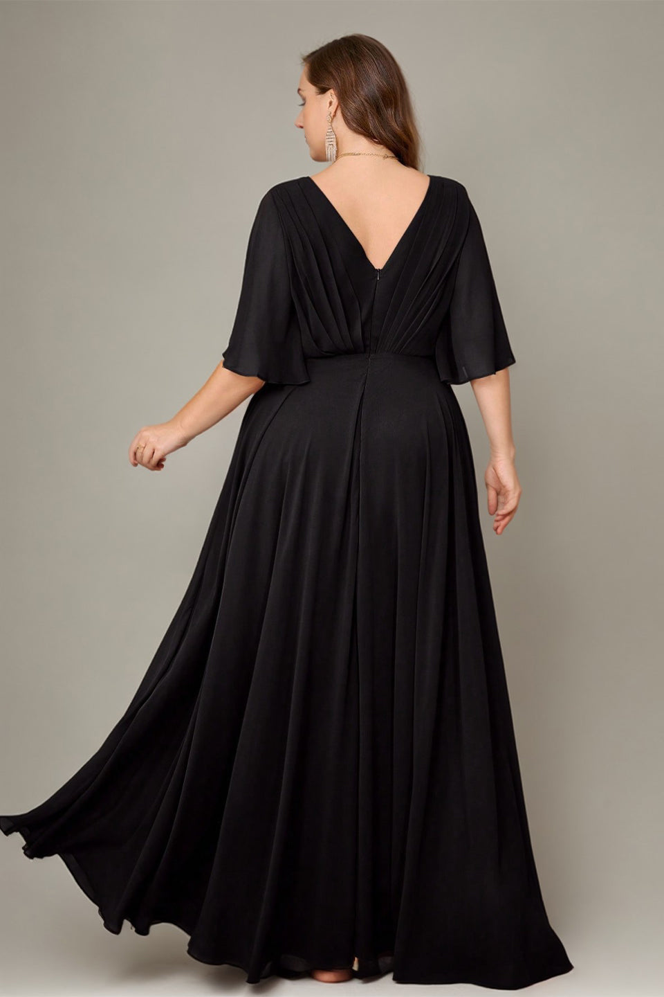 Curveins Plus Size Batwing Sleeve V Neck Gathered Waist Elegant Maxi Dress