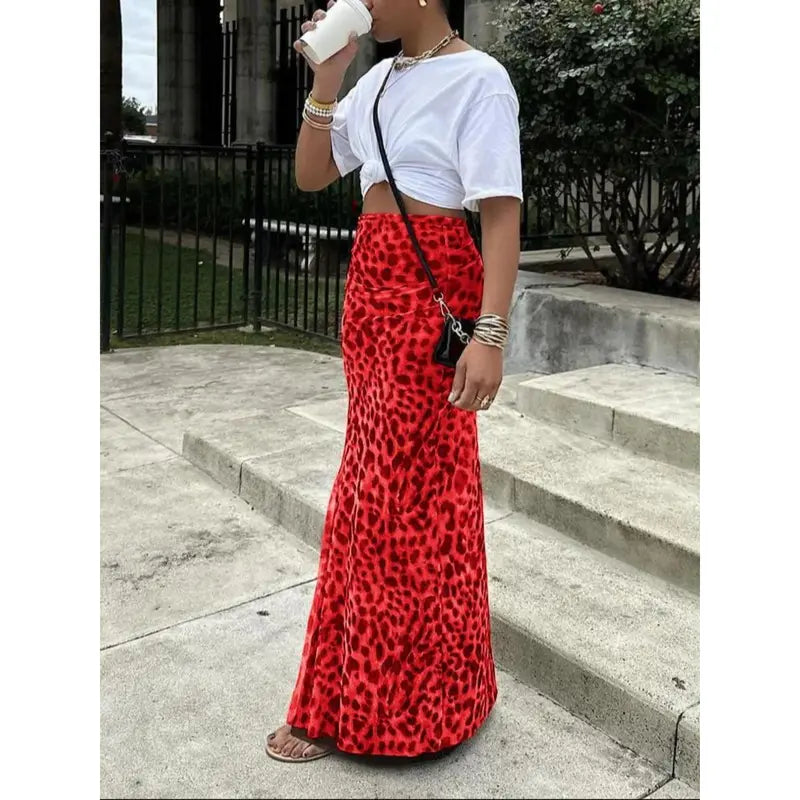 High Waisted Leopard Print Mesh Skirt, Split Design, Slim Fit, Long Hem, Versatile Valentine's Day Dress, Fashionable Women's Clothing