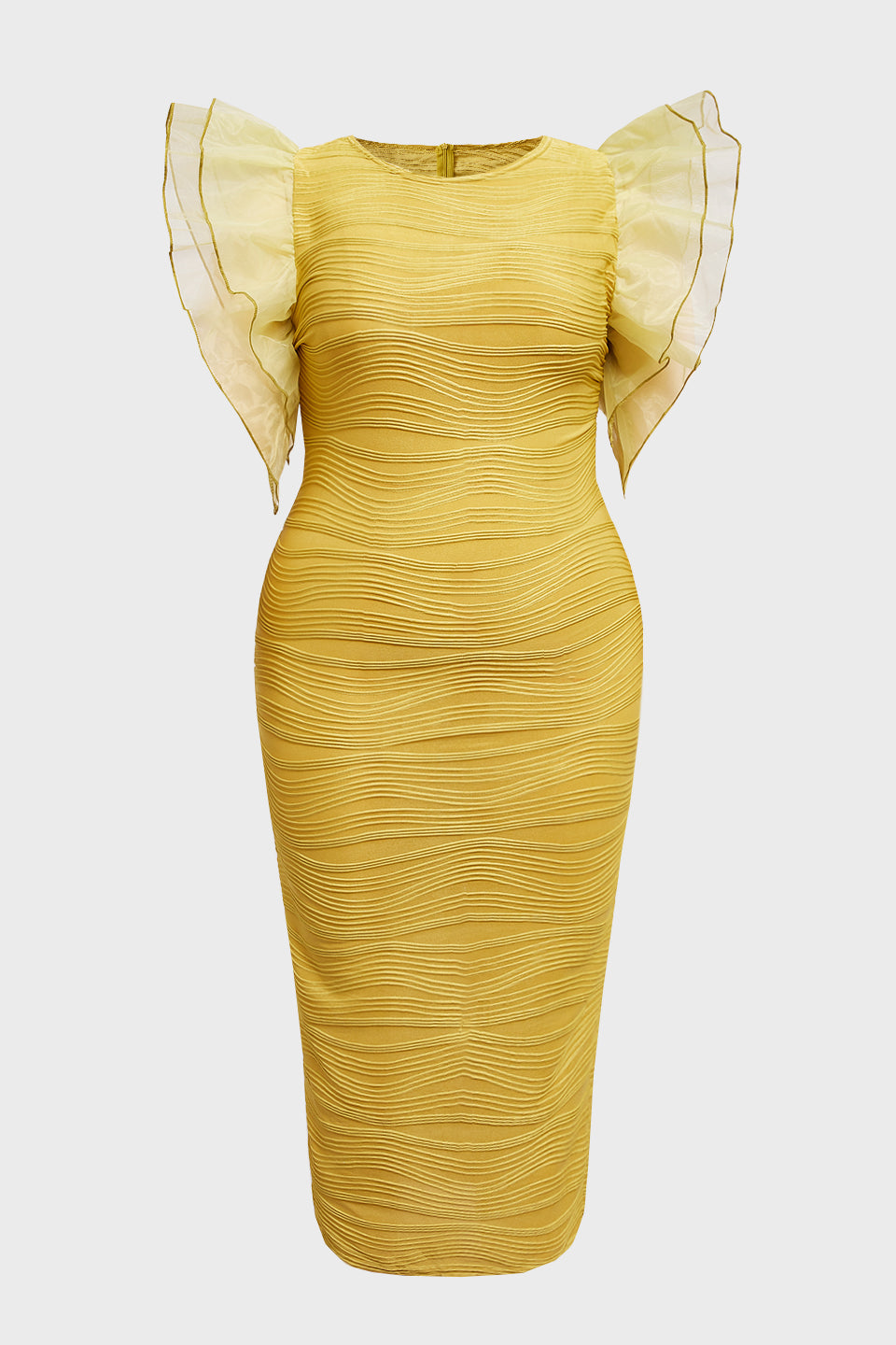 Curveins Plus Size Ruffle Sleeve Color Block Bodycon Midi Dress Elegant Fit
