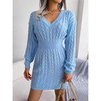 Women's Cozy V-Neck Cable Knit Sweater Dress – Soft Textured Drop Shoulder Long Sleeve Dress for Fall & Winter