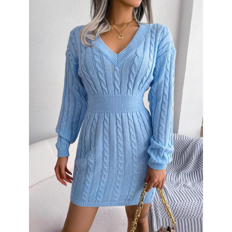 Women's Cozy V-Neck Cable Knit Sweater Dress – Soft Textured Drop Shoulder Long Sleeve Dress for Fall & Winter
