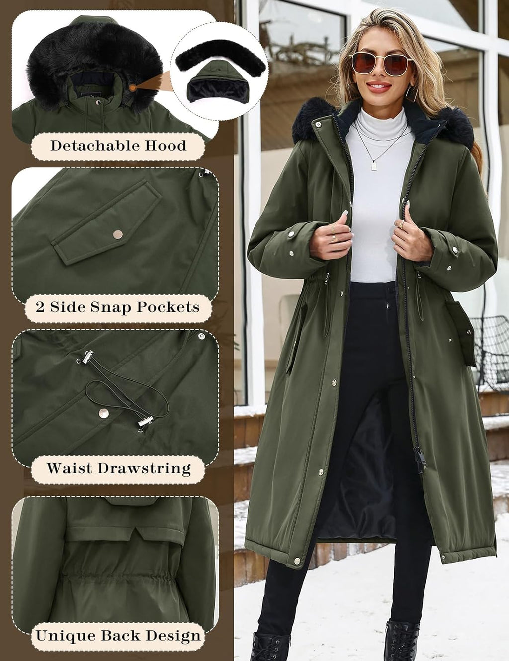 Women's Long Coats Winter Fleece Lined Warm Long Jackets for Women, Water Repellent Windproof Parka Coat Zip Up Button Drawstring Waist Overcoat with Pockets and Detachable Hood