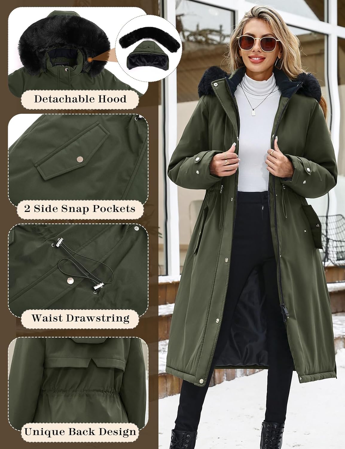 Women's Long Coats Winter Fleece Lined Warm Long Jackets for Women, Water Repellent Windproof Parka Coat Zip Up Button Drawstring Waist Overcoat with Pockets and Detachable Hood