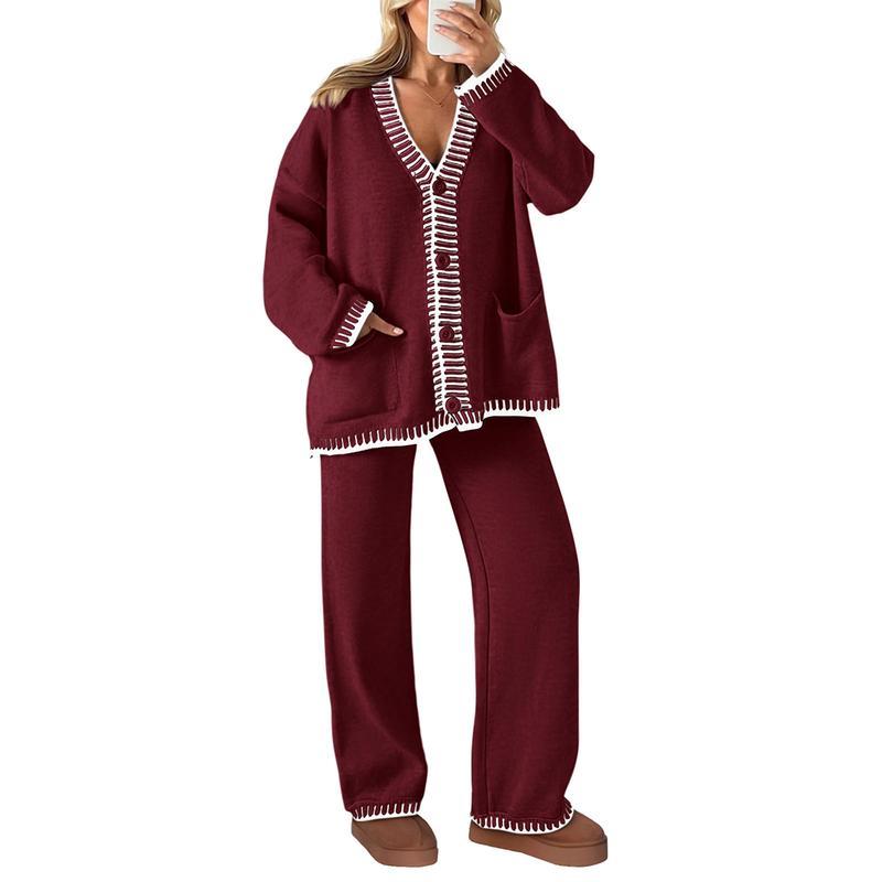 Women's 2 Piece Set Winter Knit Outfits Matching Loungewear Long Sleeve V Neck Cardigan Sweaters Wide Leg Pants Tracksuits