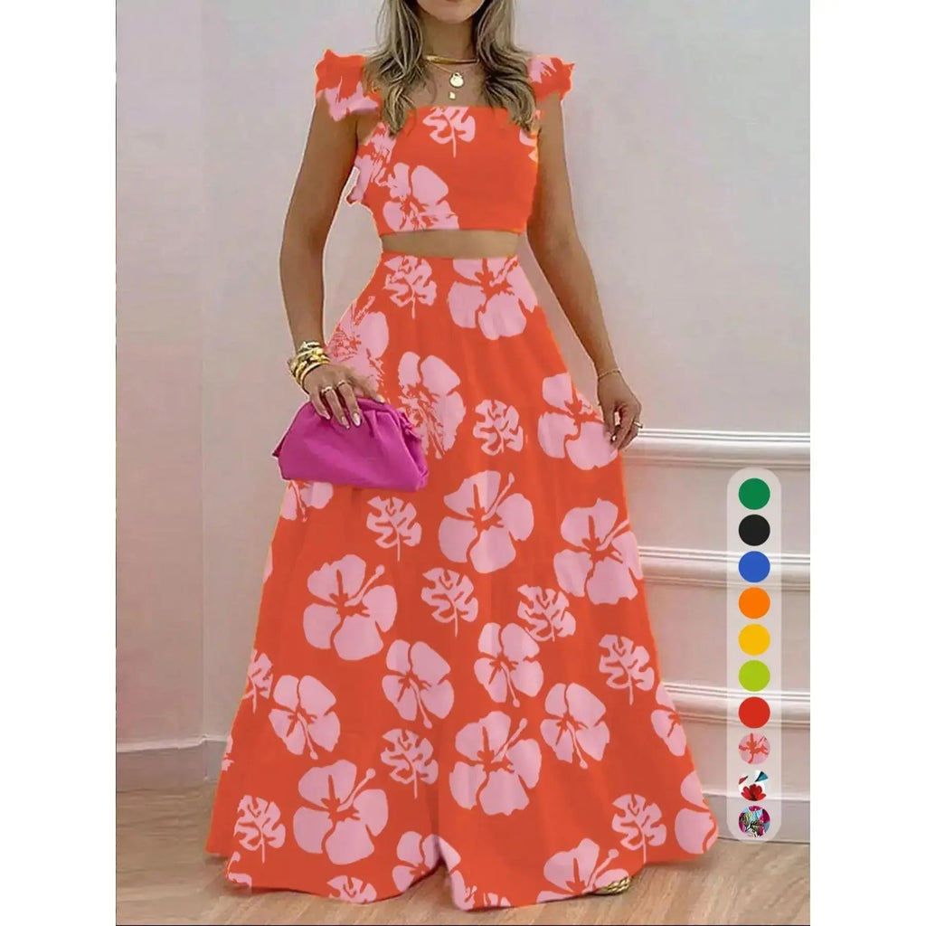 Women's Solid Color / Floral Print Shirred Top & Long Skirt Two-piece Set, Boho Fashion Casual Top & Skirt for Daily Holiday Vacation Wear, Ladies for Summer