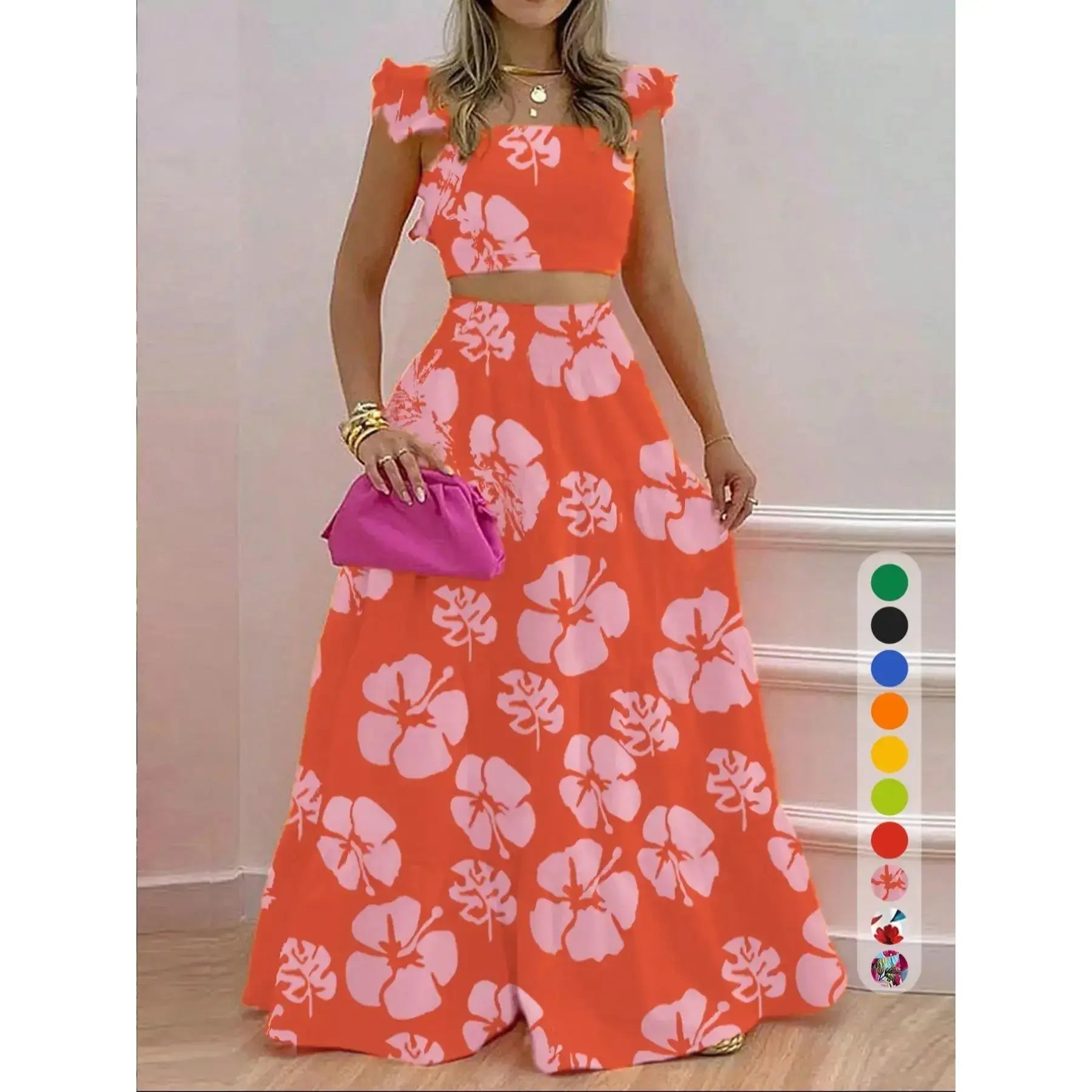 Women's Solid Color / Floral Print Shirred Top & Long Skirt Two-piece Set, Boho Fashion Casual Top & Skirt for Daily Holiday Vacation Wear, Ladies for Summer