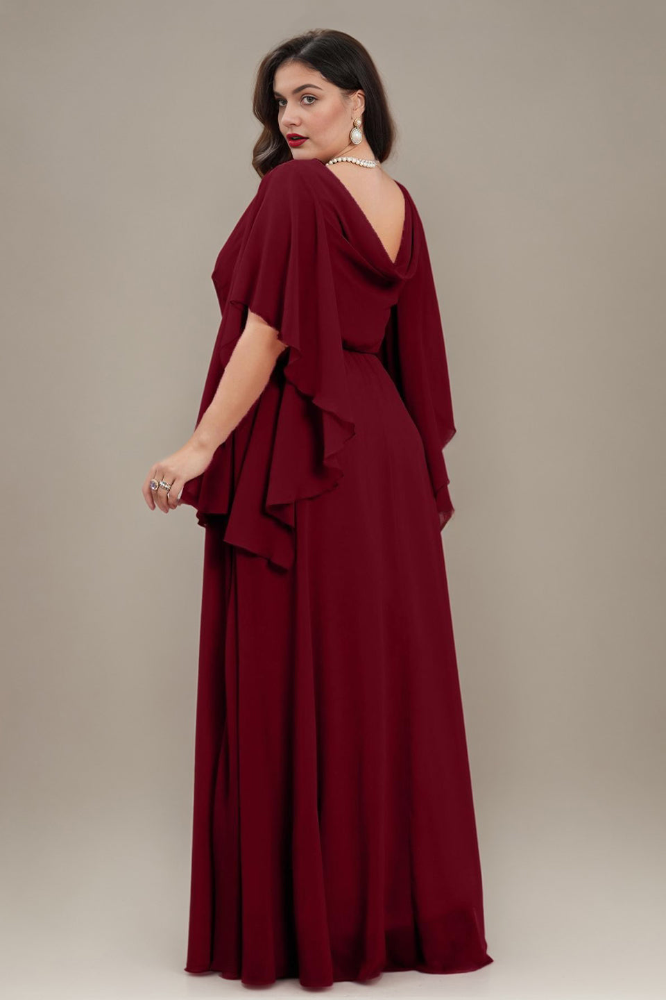 Curveins Plus Size V Neck Batwing Sleeve Chiffon Maxi Dress Elegant Flowing Fit