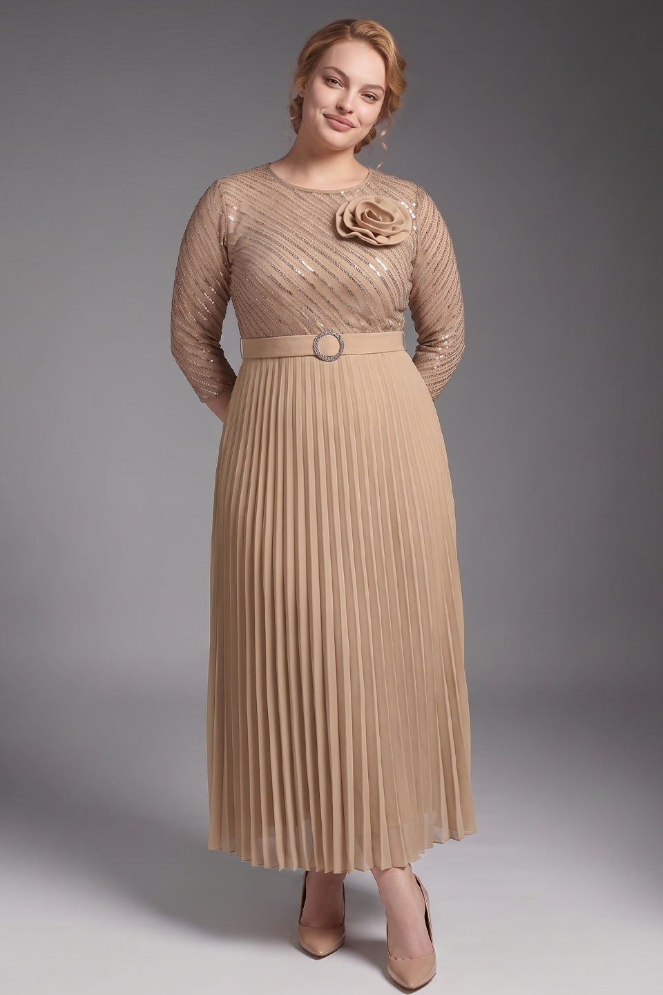 Curveins Plus Size Chic Round Neck Ruched Detail Long Sleeve Maxi Dress