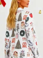 Women's Christmas Pajama Set, Lapel Button Long Sleeve Top & Loose Comfortable Pants, Casual All-Over Print Sleepwear