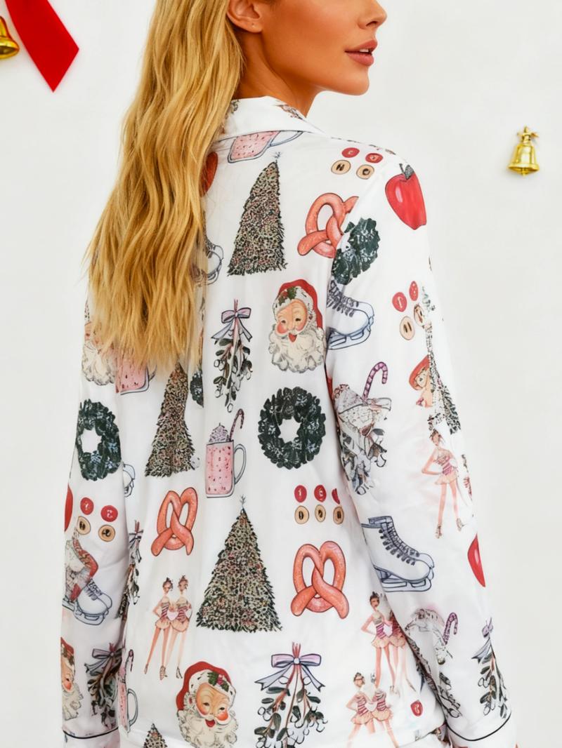 Women's Christmas Pajama Set, Lapel Button Long Sleeve Top & Loose Comfortable Pants, Casual All-Over Print Sleepwear