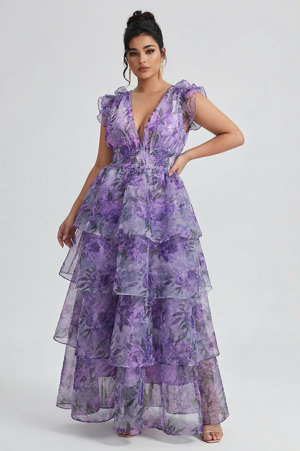 Curveins Plus Size V-Neck Sleeveless Floral Tiered Maxi Dress with Decorative Shoulder Detail