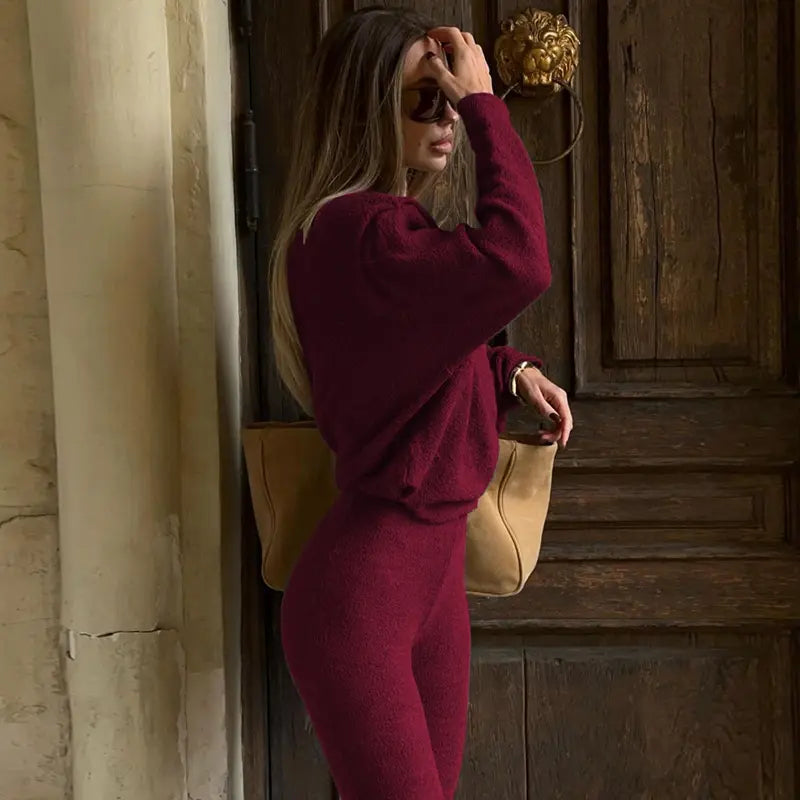 Women's Solid Asymmetrical Neck Top & Flare Leg Pants Set, Casual Drop Shoulder Long Sleeve Top & Trousers, Women's Fall & Winter Clothes for Daily Wear