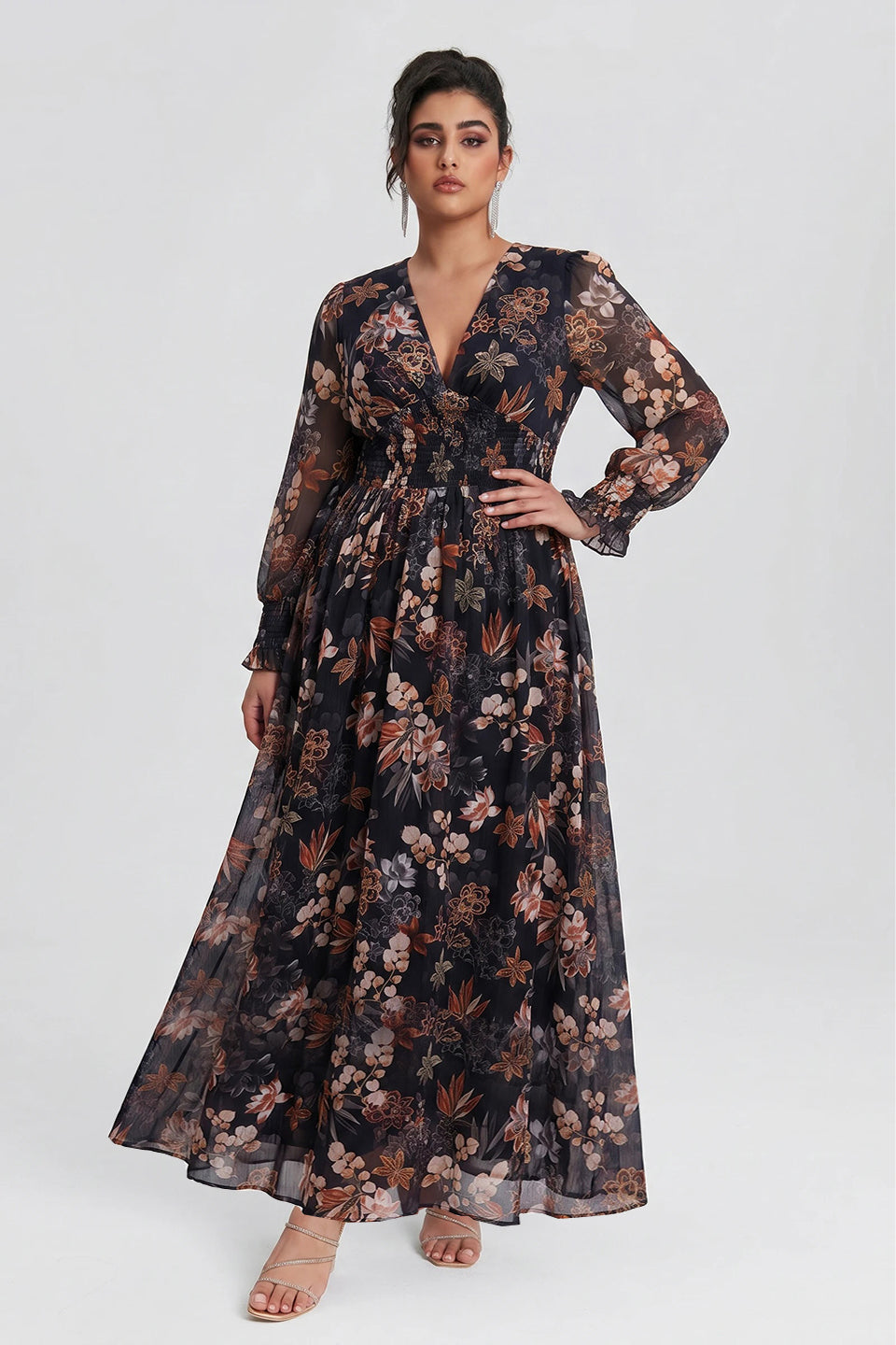 Curveins Plus Size V Neck Long Sleeve Floral Waist Maxi Dress