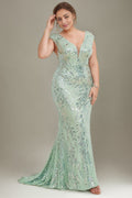 Curveins Plus Size V Neck Sequin Pattern Bodycon Mermaid Train Maxi Dress